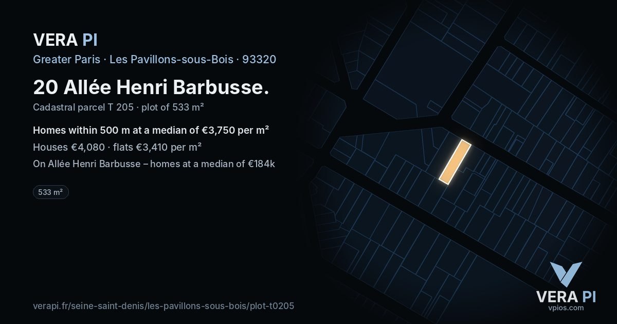 20 Allée Henri Barbusse, Les Pavillons-sous-Bois at night – the plot lit, the parcels around coloured by the prices near them