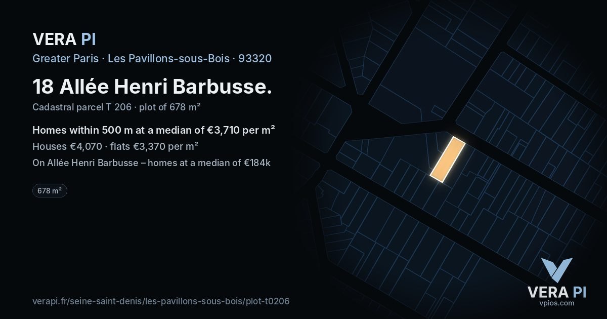 18 Allée Henri Barbusse, Les Pavillons-sous-Bois at night – the plot lit, the parcels around coloured by the prices near them
