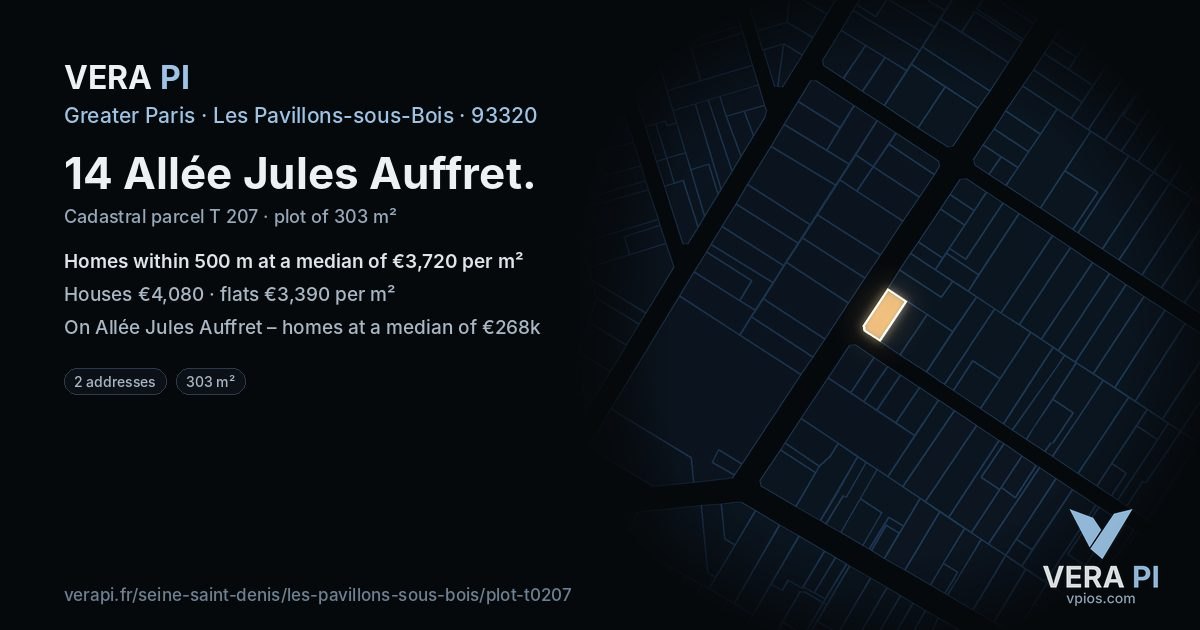 14 Allée Jules Auffret, Les Pavillons-sous-Bois at night – the plot lit, the parcels around coloured by the prices near them