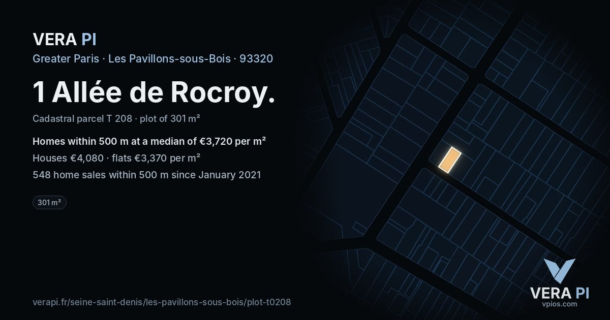 1 Allée de Rocroy, Les Pavillons-sous-Bois at night – the plot lit, the parcels around coloured by the prices near them