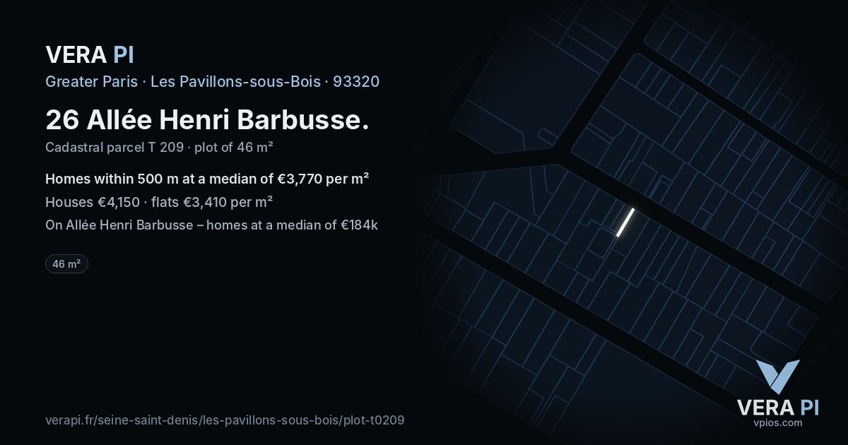 26 Allée Henri Barbusse, Les Pavillons-sous-Bois at night – the plot lit, the parcels around coloured by the prices near them