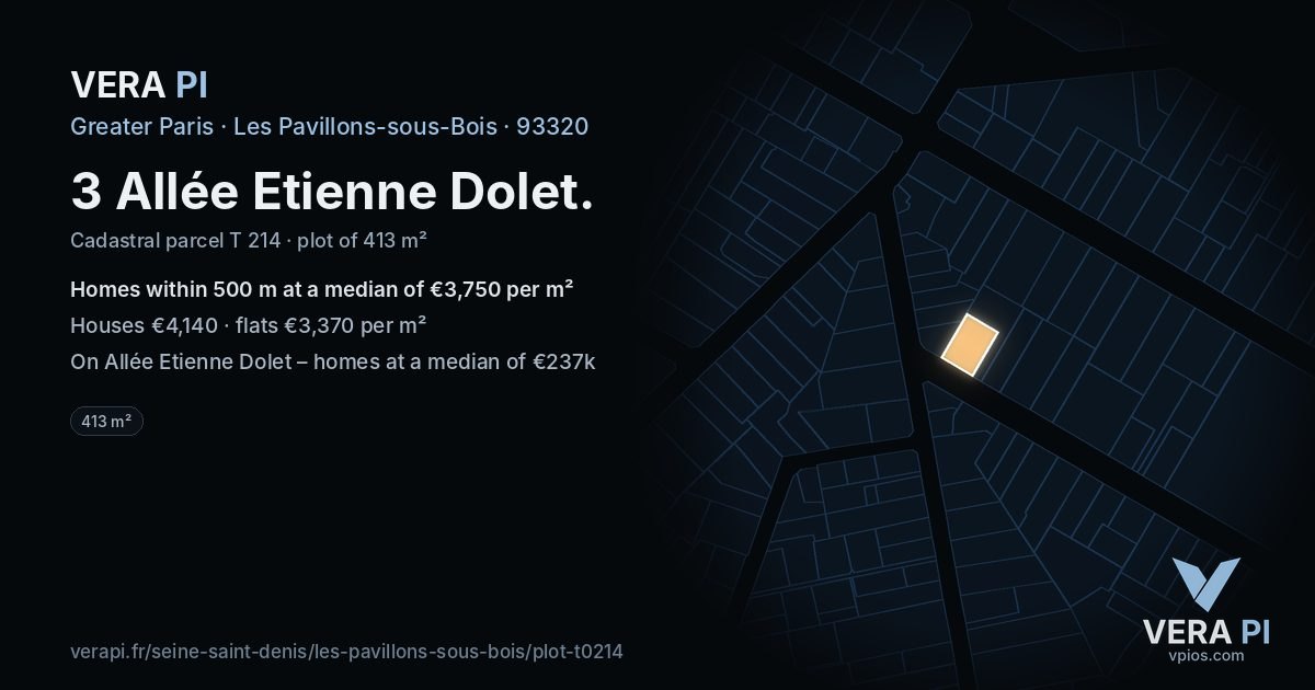 3 Allée Etienne Dolet, Les Pavillons-sous-Bois at night – the plot lit, the parcels around coloured by the prices near them