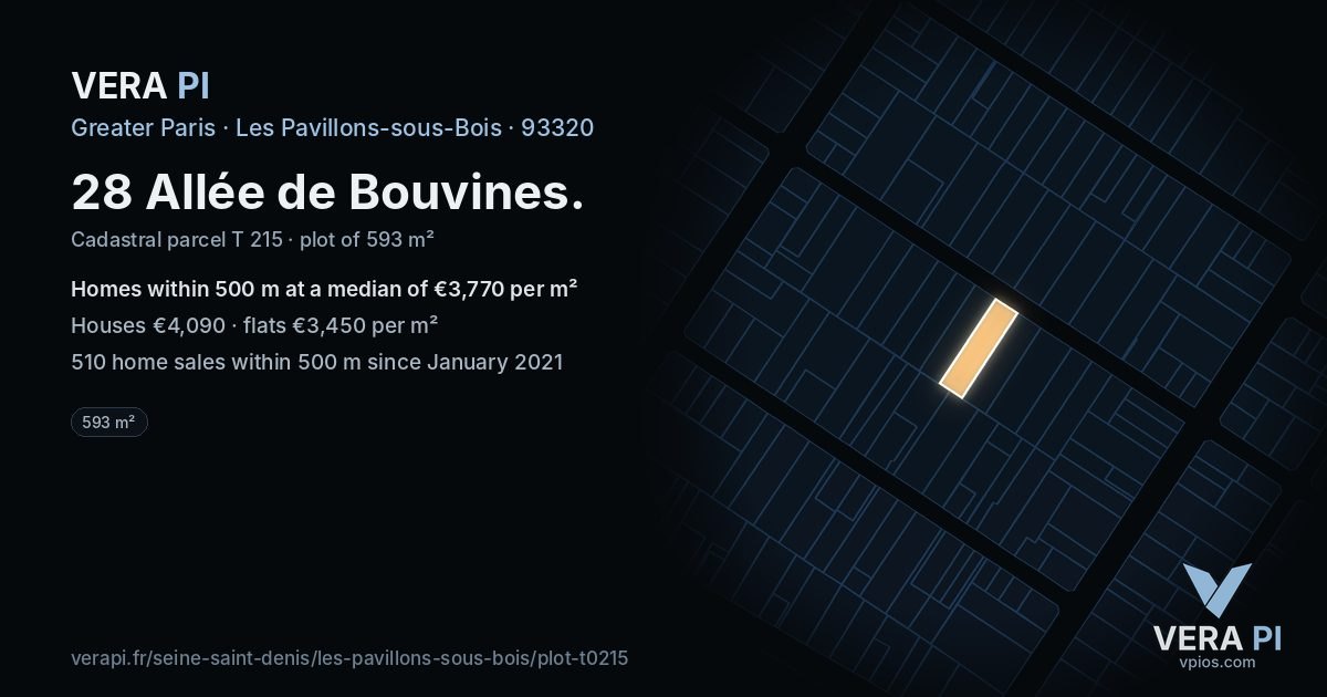 28 Allée de Bouvines, Les Pavillons-sous-Bois at night – the plot lit, the parcels around coloured by the prices near them