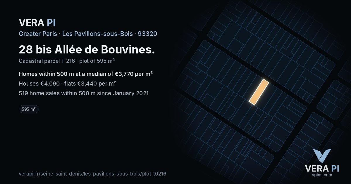 28 bis Allée de Bouvines, Les Pavillons-sous-Bois at night – the plot lit, the parcels around coloured by the prices near them