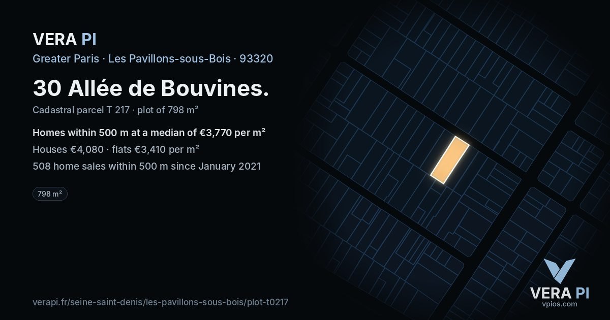 30 Allée de Bouvines, Les Pavillons-sous-Bois at night – the plot lit, the parcels around coloured by the prices near them