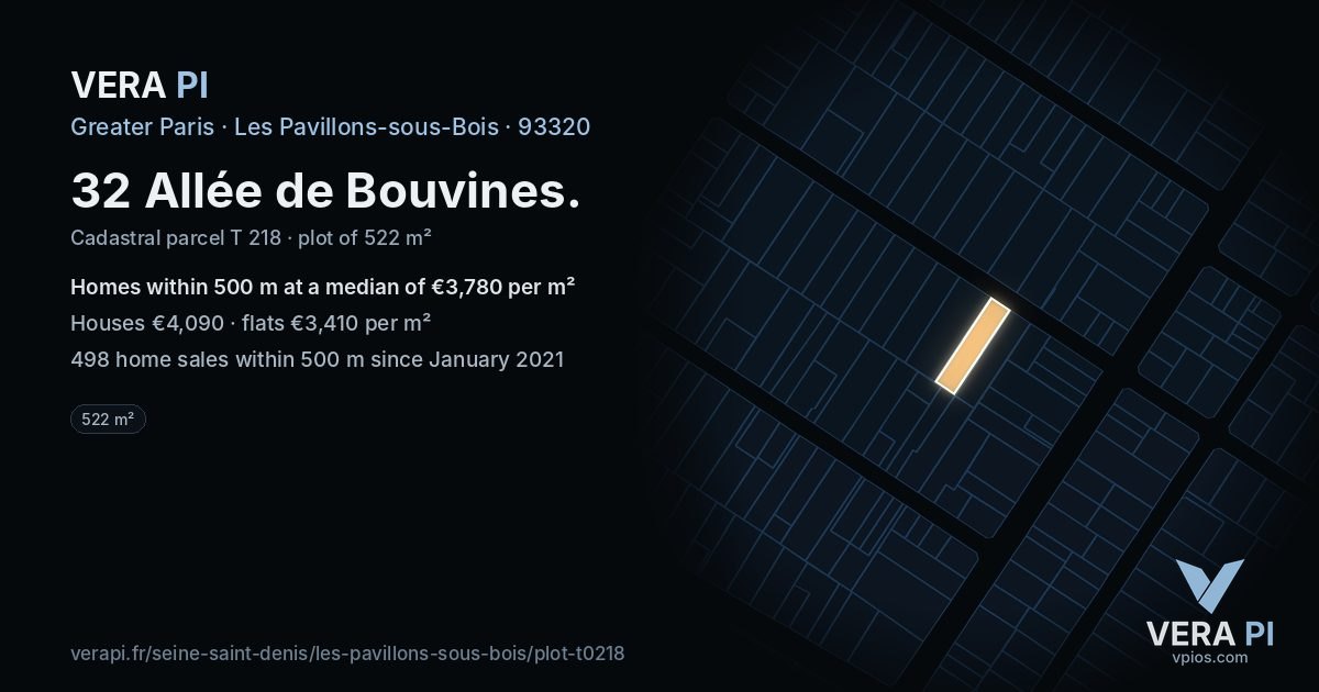 32 Allée de Bouvines, Les Pavillons-sous-Bois at night – the plot lit, the parcels around coloured by the prices near them