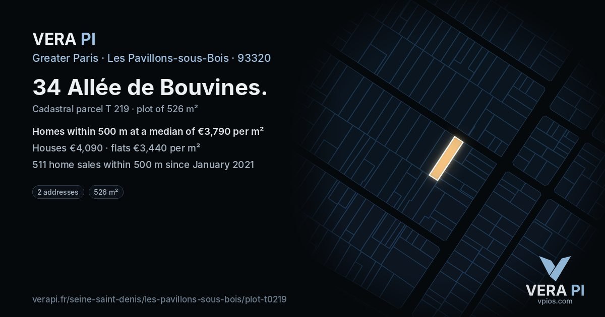34 Allée de Bouvines, Les Pavillons-sous-Bois at night – the plot lit, the parcels around coloured by the prices near them