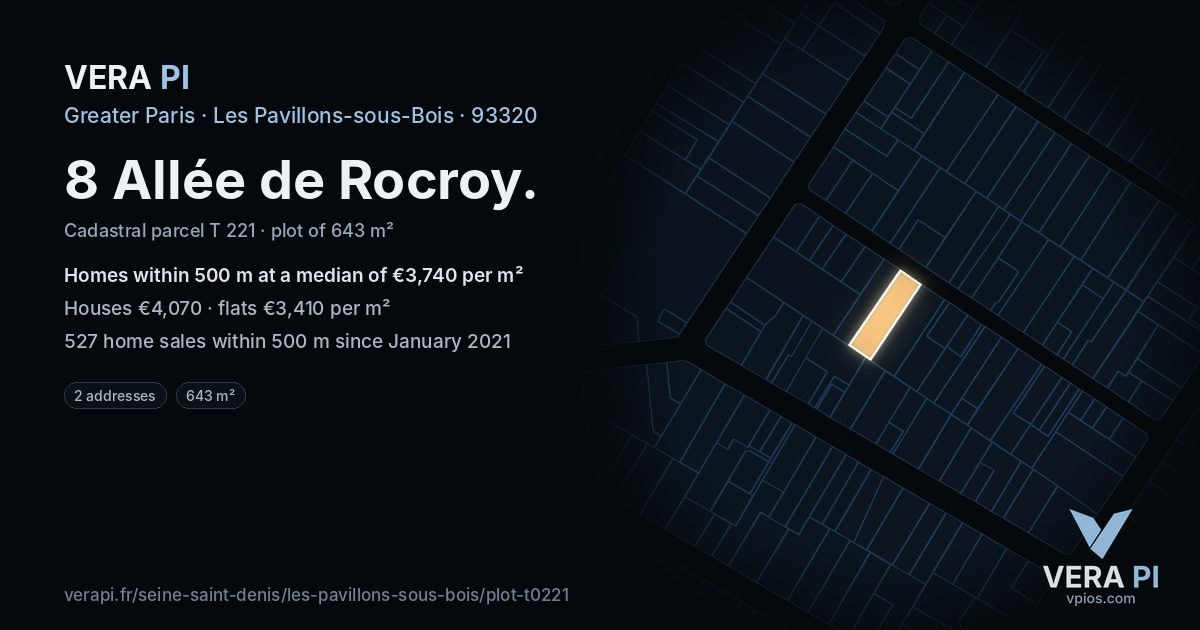 8 Allée de Rocroy, Les Pavillons-sous-Bois at night – the plot lit, the parcels around coloured by the prices near them