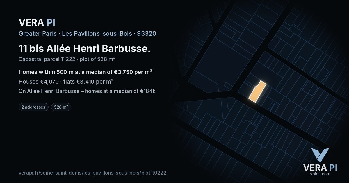 11 bis Allée Henri Barbusse, Les Pavillons-sous-Bois at night – the plot lit, the parcels around coloured by the prices near them