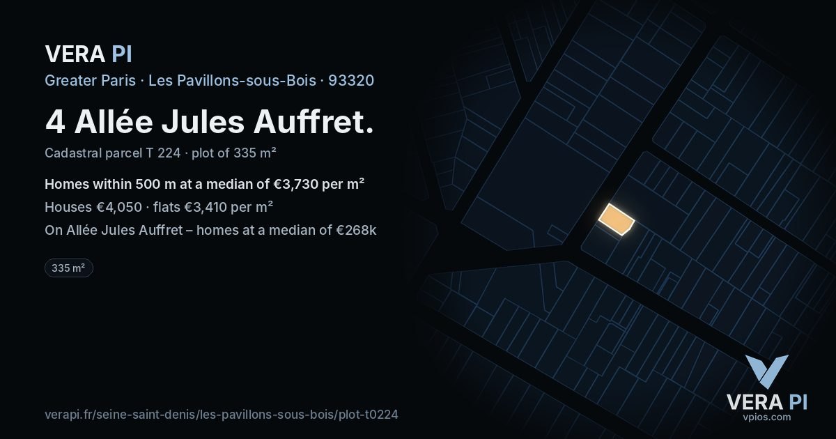 4 Allée Jules Auffret, Les Pavillons-sous-Bois at night – the plot lit, the parcels around coloured by the prices near them