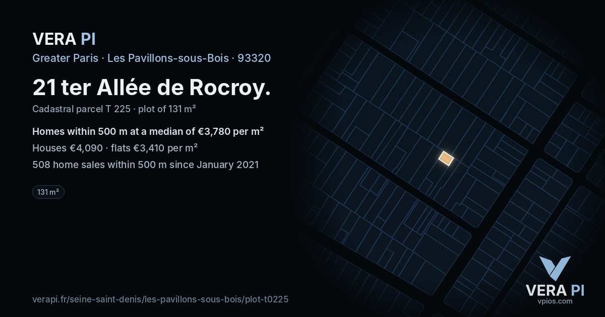 21 ter Allée de Rocroy, Les Pavillons-sous-Bois at night – the plot lit, the parcels around coloured by the prices near them