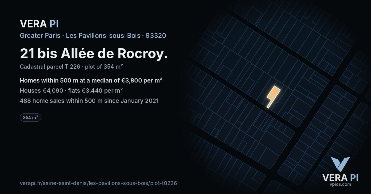 21 bis Allée de Rocroy, Les Pavillons-sous-Bois at night – the plot lit, the parcels around coloured by the prices near them