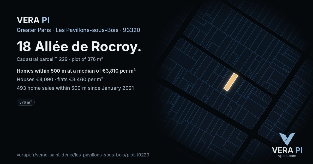 18 Allée de Rocroy, Les Pavillons-sous-Bois at night – the plot lit, the parcels around coloured by the prices near them