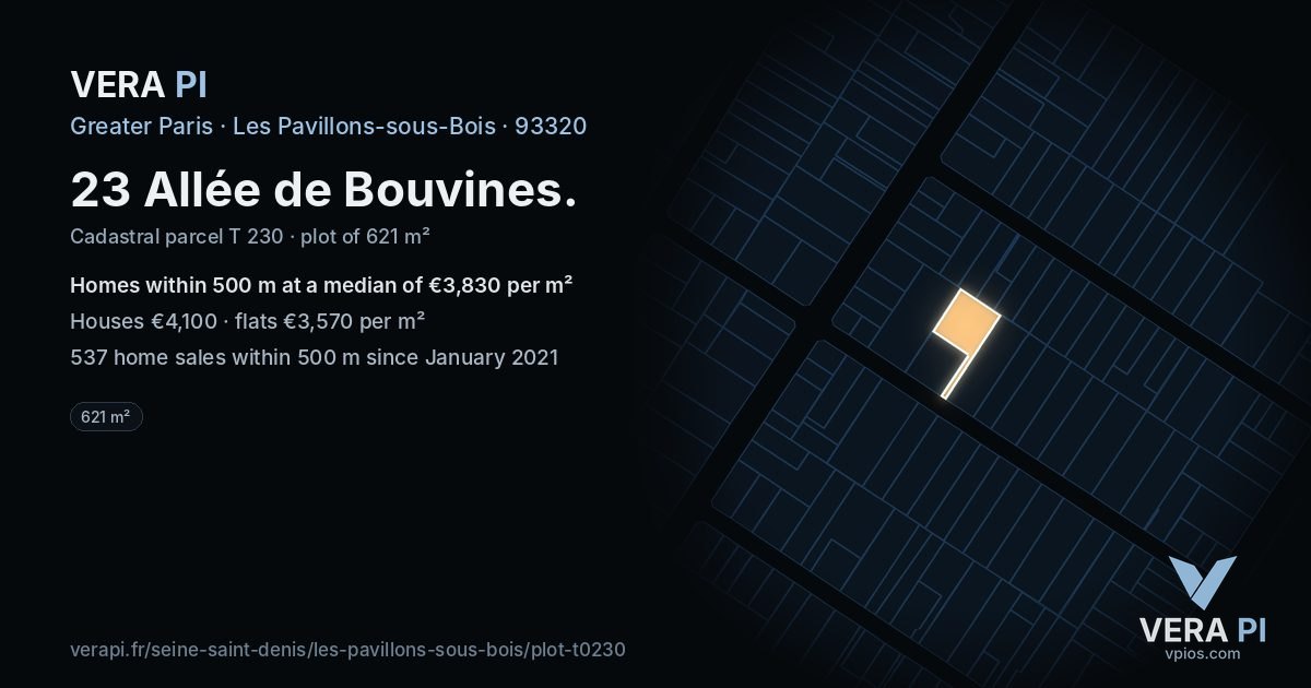 23 Allée de Bouvines, Les Pavillons-sous-Bois at night – the plot lit, the parcels around coloured by the prices near them