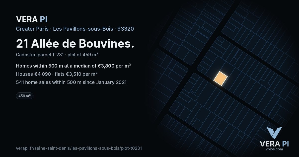 21 Allée de Bouvines, Les Pavillons-sous-Bois at night – the plot lit, the parcels around coloured by the prices near them