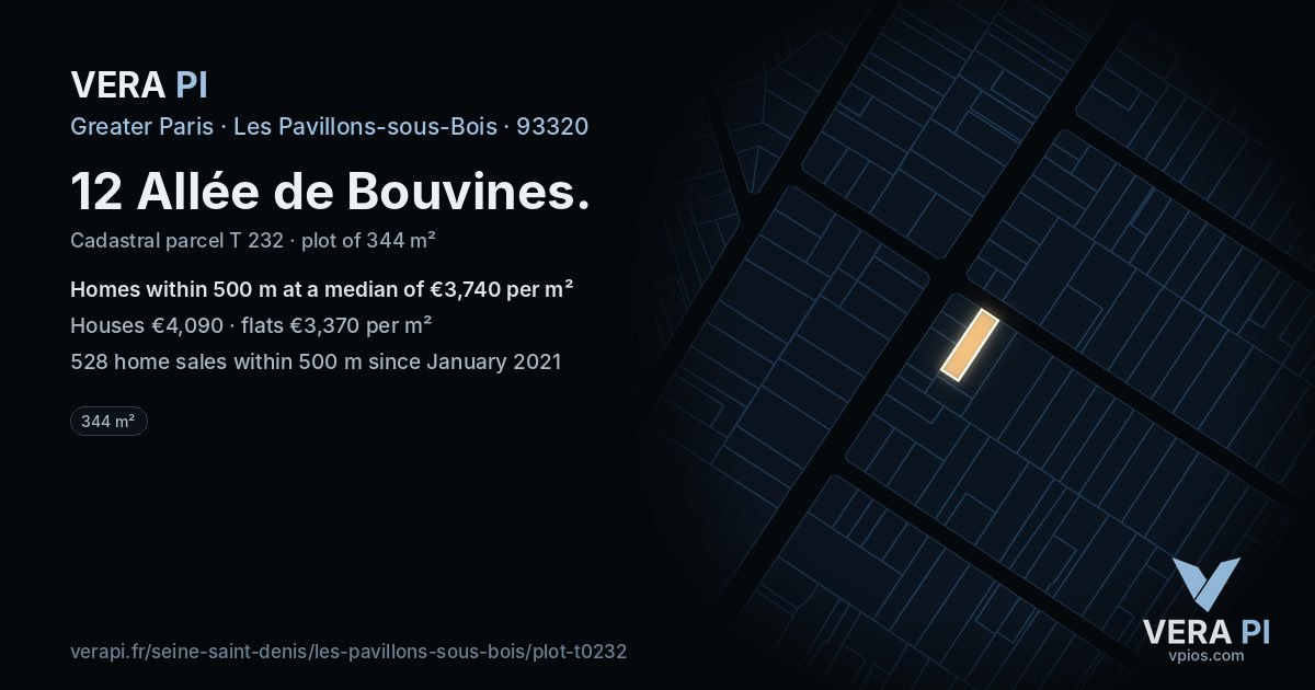 12 Allée de Bouvines, Les Pavillons-sous-Bois at night – the plot lit, the parcels around coloured by the prices near them