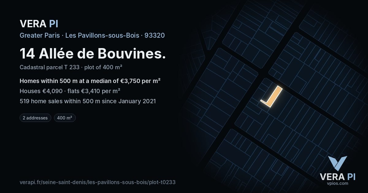 14 Allée de Bouvines, Les Pavillons-sous-Bois at night – the plot lit, the parcels around coloured by the prices near them