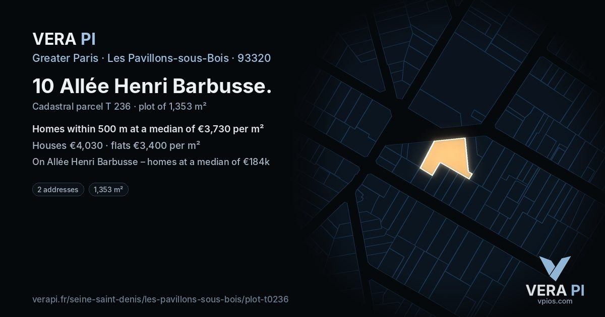 10 Allée Henri Barbusse, Les Pavillons-sous-Bois at night – the plot lit, the parcels around coloured by the prices near them