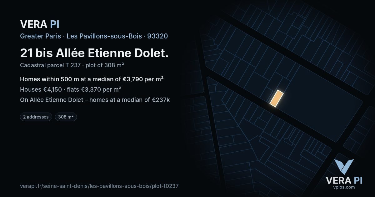 21 bis Allée Etienne Dolet, Les Pavillons-sous-Bois at night – the plot lit, the parcels around coloured by the prices near them