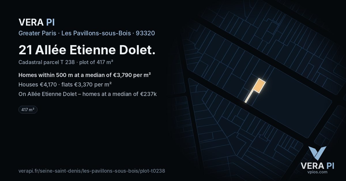 21 Allée Etienne Dolet, Les Pavillons-sous-Bois at night – the plot lit, the parcels around coloured by the prices near them