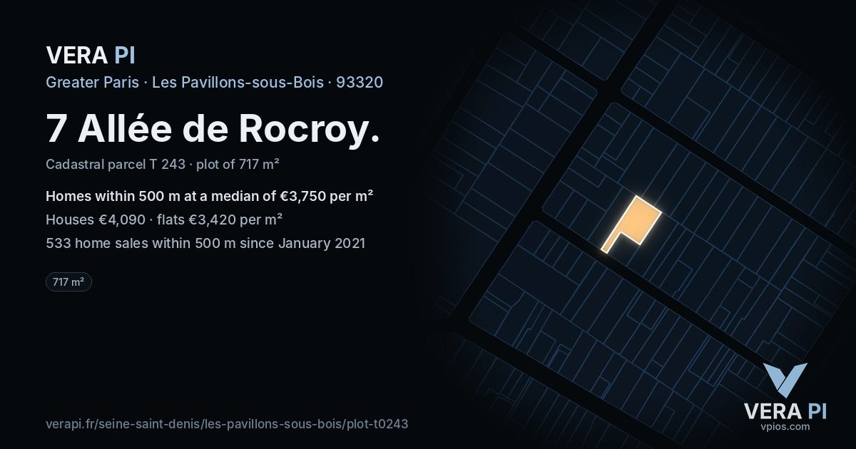 7 Allée de Rocroy, Les Pavillons-sous-Bois at night – the plot lit, the parcels around coloured by the prices near them