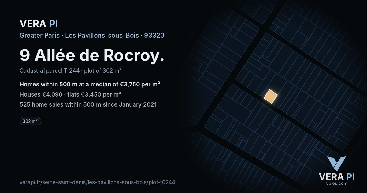 9 Allée de Rocroy, Les Pavillons-sous-Bois at night – the plot lit, the parcels around coloured by the prices near them