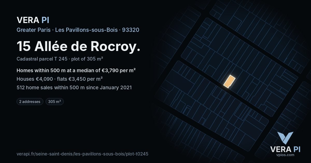 15 Allée de Rocroy, Les Pavillons-sous-Bois at night – the plot lit, the parcels around coloured by the prices near them