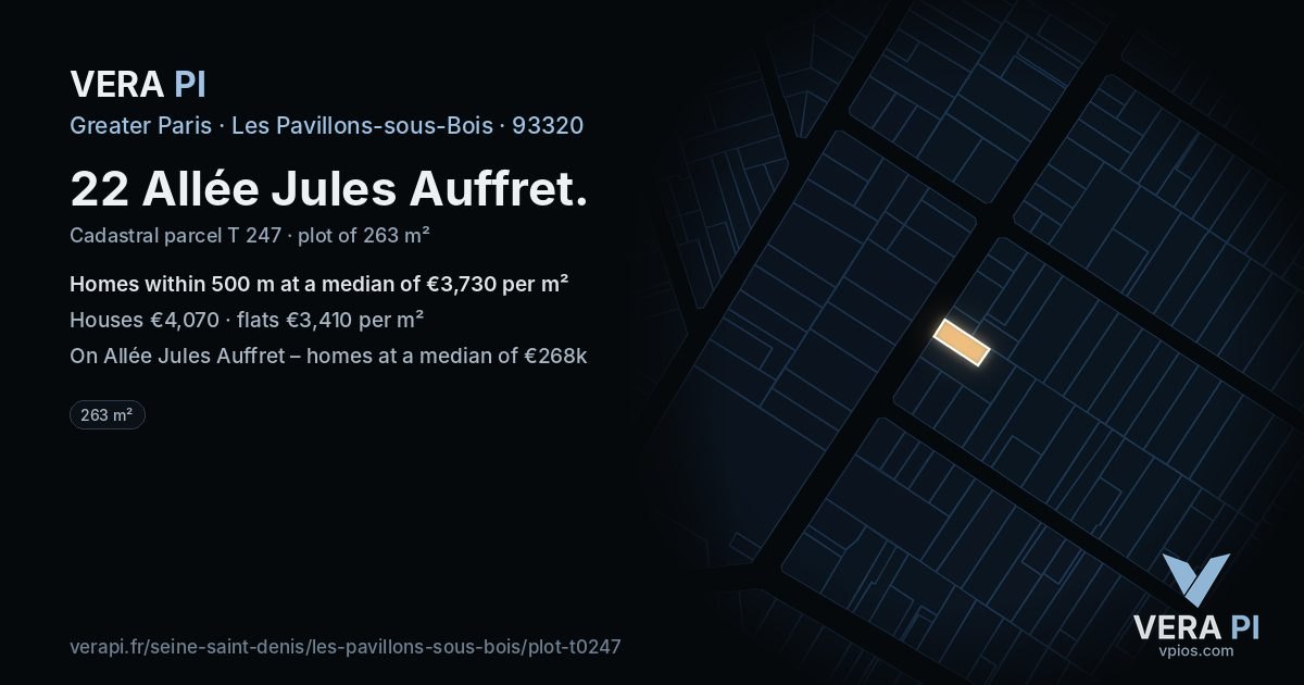 22 Allée Jules Auffret, Les Pavillons-sous-Bois at night – the plot lit, the parcels around coloured by the prices near them