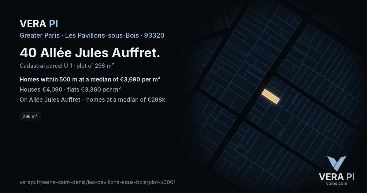 40 Allée Jules Auffret, Les Pavillons-sous-Bois at night – the plot lit, the parcels around coloured by the prices near them