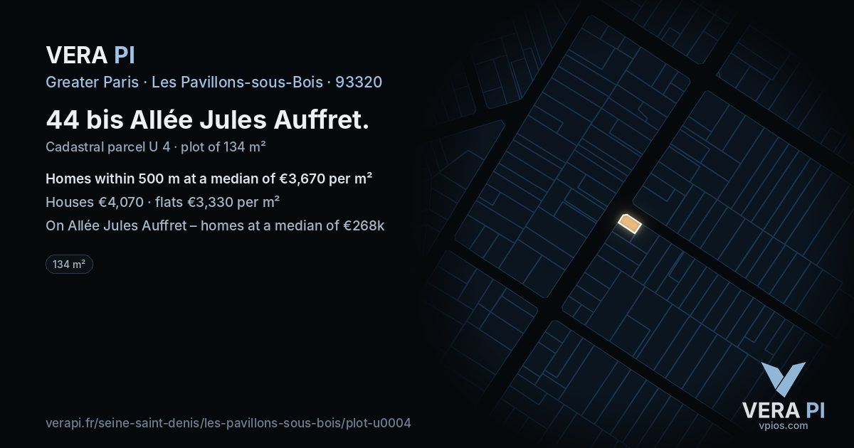 44 bis Allée Jules Auffret, Les Pavillons-sous-Bois at night – the plot lit, the parcels around coloured by the prices near them