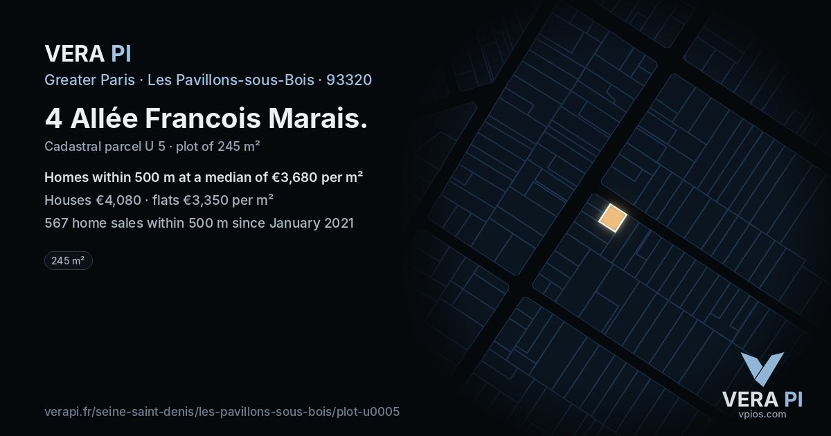 4 Allée Francois Marais, Les Pavillons-sous-Bois at night – the plot lit, the parcels around coloured by the prices near them