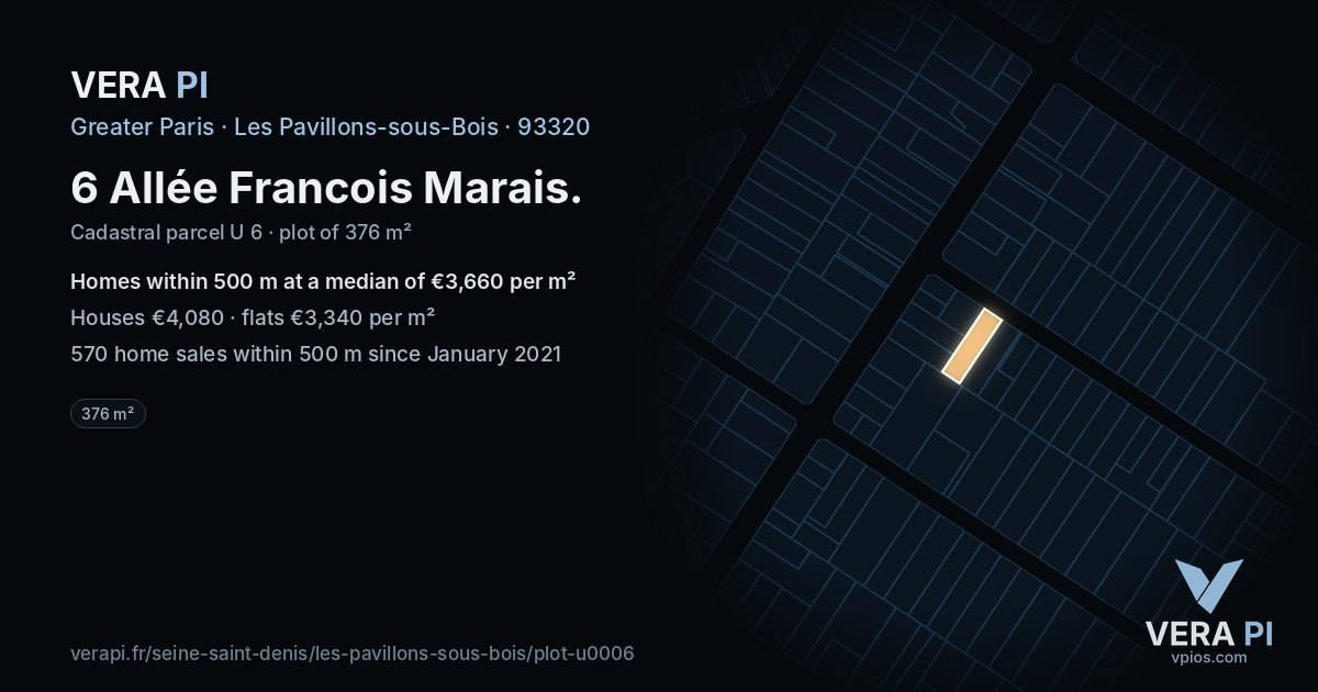 6 Allée Francois Marais, Les Pavillons-sous-Bois at night – the plot lit, the parcels around coloured by the prices near them