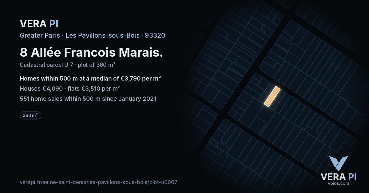 8 Allée Francois Marais, Les Pavillons-sous-Bois at night – the plot lit, the parcels around coloured by the prices near them