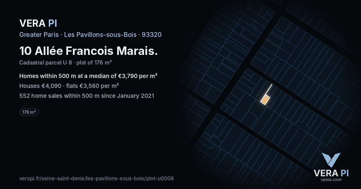 10 Allée Francois Marais, Les Pavillons-sous-Bois at night – the plot lit, the parcels around coloured by the prices near them