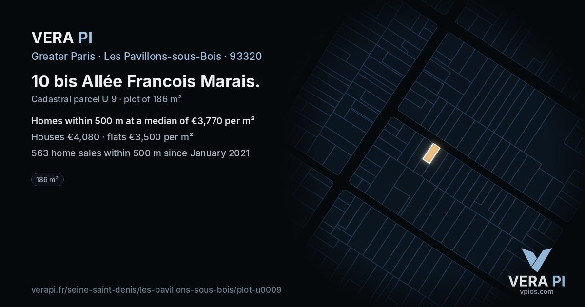 10 bis Allée Francois Marais, Les Pavillons-sous-Bois at night – the plot lit, the parcels around coloured by the prices near them