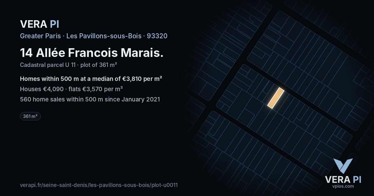 14 Allée Francois Marais, Les Pavillons-sous-Bois at night – the plot lit, the parcels around coloured by the prices near them