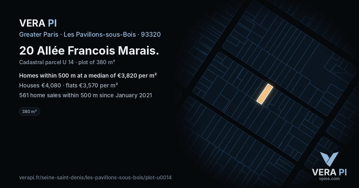 20 Allée Francois Marais, Les Pavillons-sous-Bois at night – the plot lit, the parcels around coloured by the prices near them