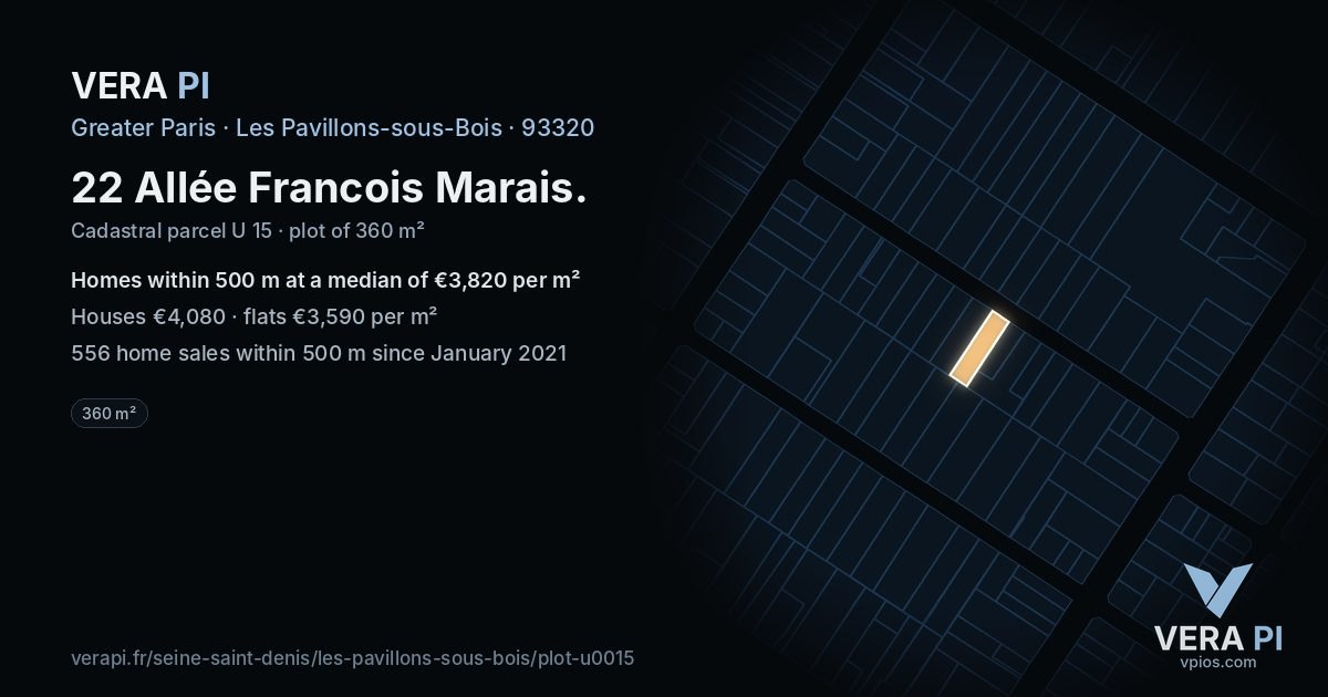 22 Allée Francois Marais, Les Pavillons-sous-Bois at night – the plot lit, the parcels around coloured by the prices near them