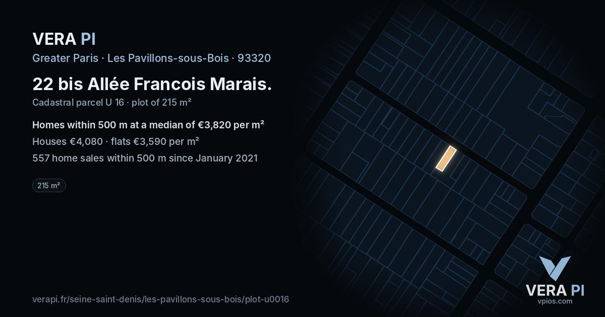 22 bis Allée Francois Marais, Les Pavillons-sous-Bois at night – the plot lit, the parcels around coloured by the prices near them