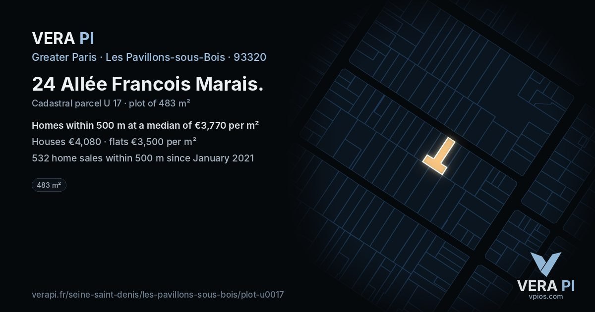 24 Allée Francois Marais, Les Pavillons-sous-Bois at night – the plot lit, the parcels around coloured by the prices near them