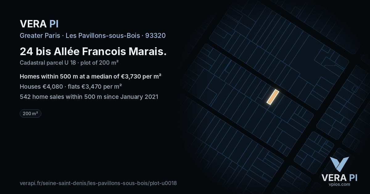 24 bis Allée Francois Marais, Les Pavillons-sous-Bois at night – the plot lit, the parcels around coloured by the prices near them