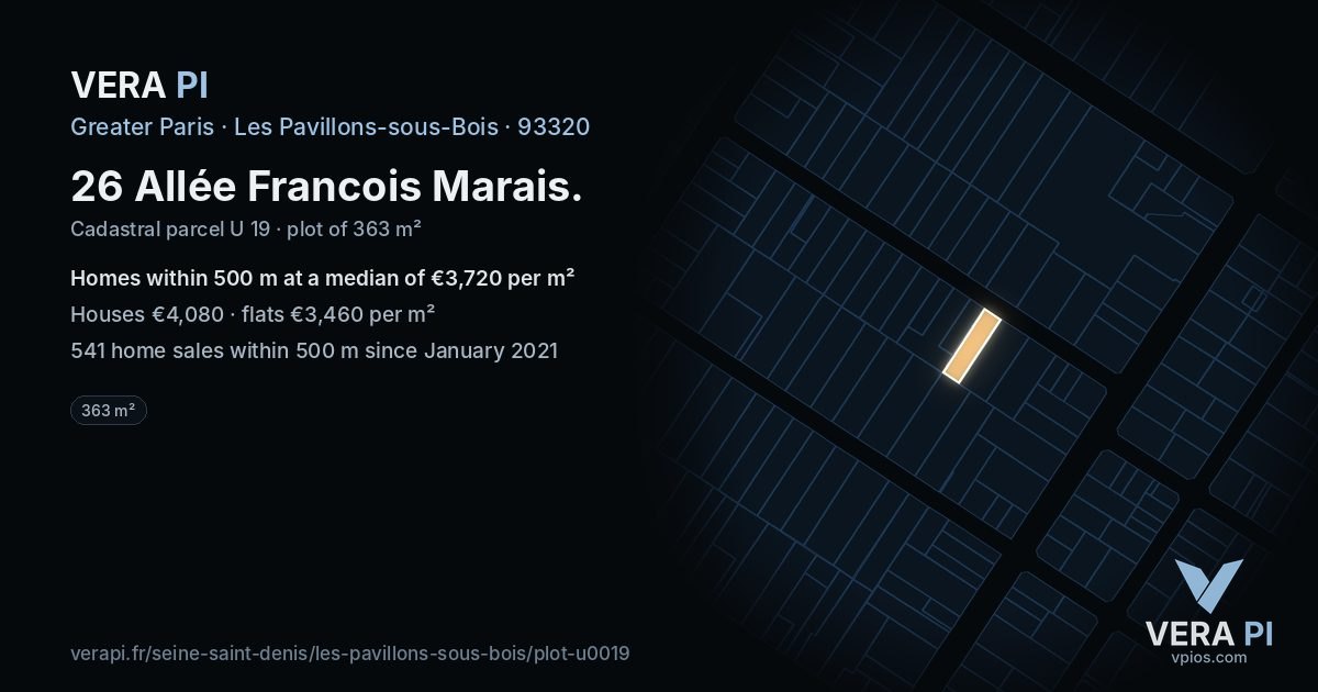 26 Allée Francois Marais, Les Pavillons-sous-Bois at night – the plot lit, the parcels around coloured by the prices near them