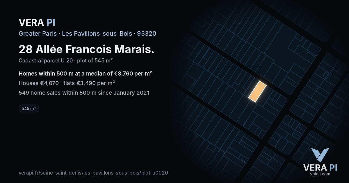 28 Allée Francois Marais, Les Pavillons-sous-Bois at night – the plot lit, the parcels around coloured by the prices near them