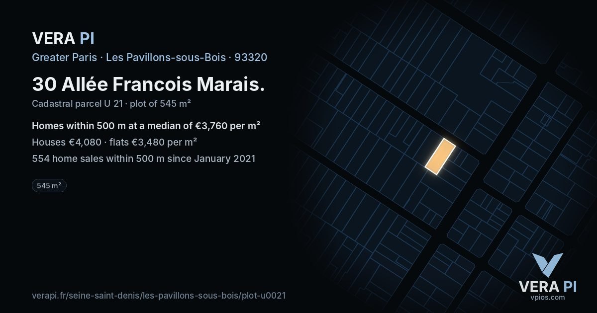 30 Allée Francois Marais, Les Pavillons-sous-Bois at night – the plot lit, the parcels around coloured by the prices near them