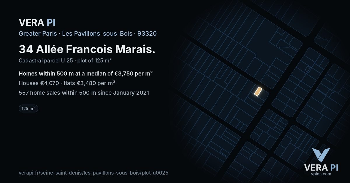 34 Allée Francois Marais, Les Pavillons-sous-Bois at night – the plot lit, the parcels around coloured by the prices near them