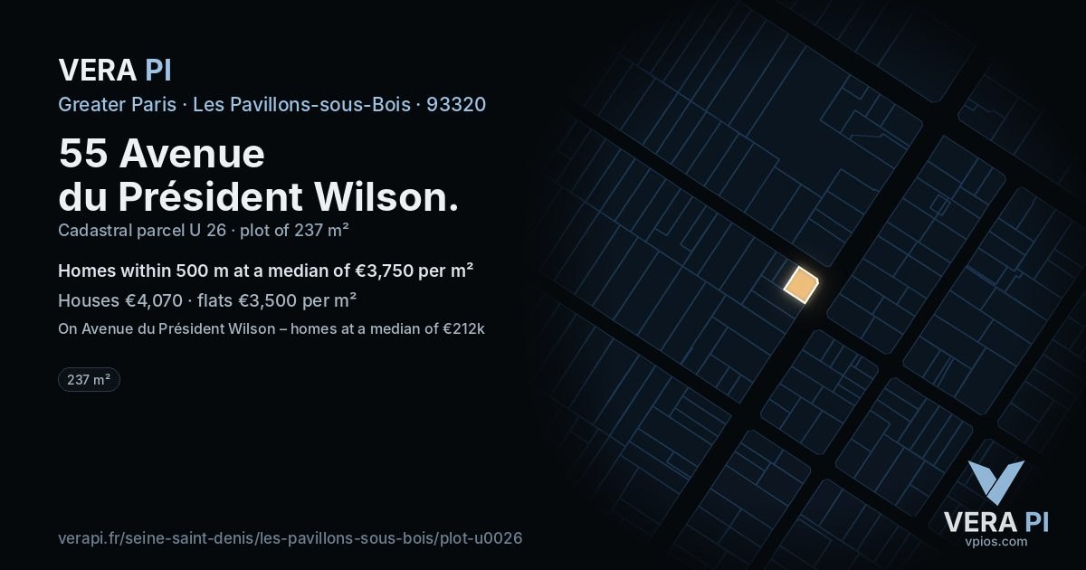 55 Avenue du Président Wilson, Les Pavillons-sous-Bois at night – the plot lit, the parcels around coloured by the prices near them