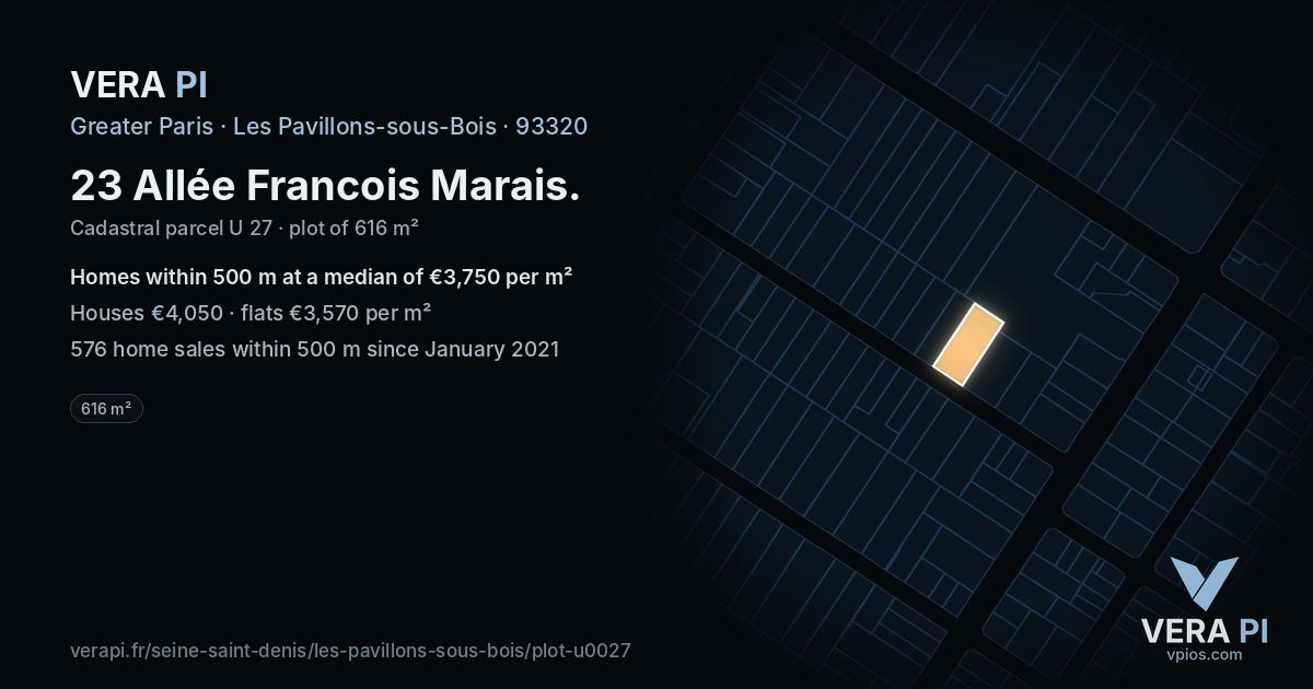 23 Allée Francois Marais, Les Pavillons-sous-Bois at night – the plot lit, the parcels around coloured by the prices near them