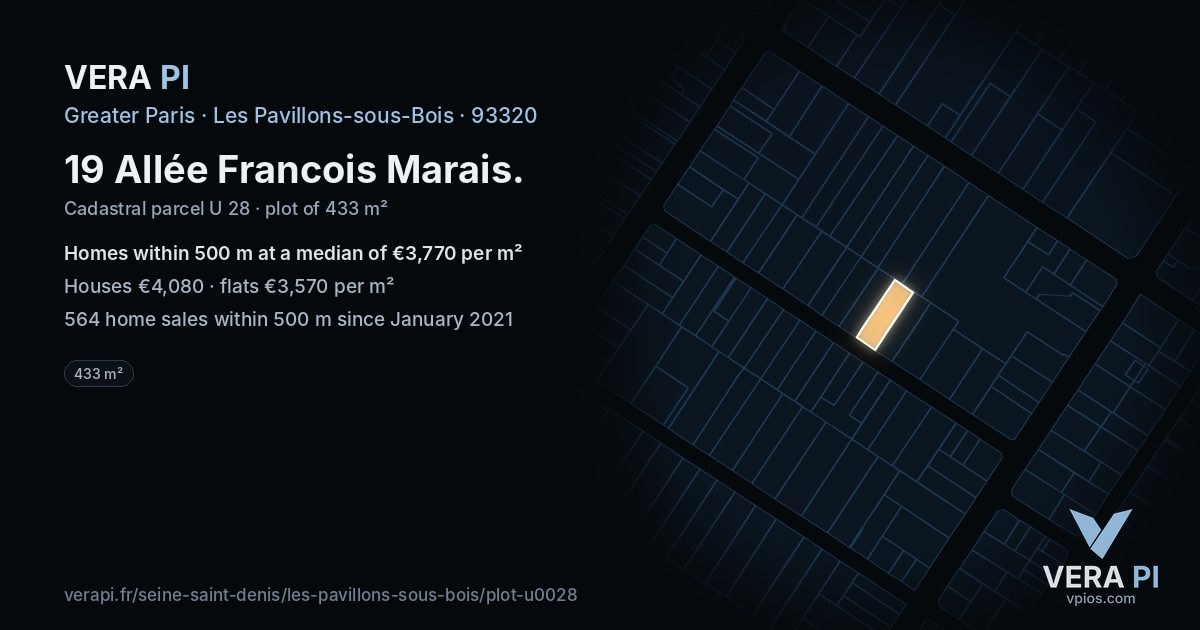 19 Allée Francois Marais, Les Pavillons-sous-Bois at night – the plot lit, the parcels around coloured by the prices near them
