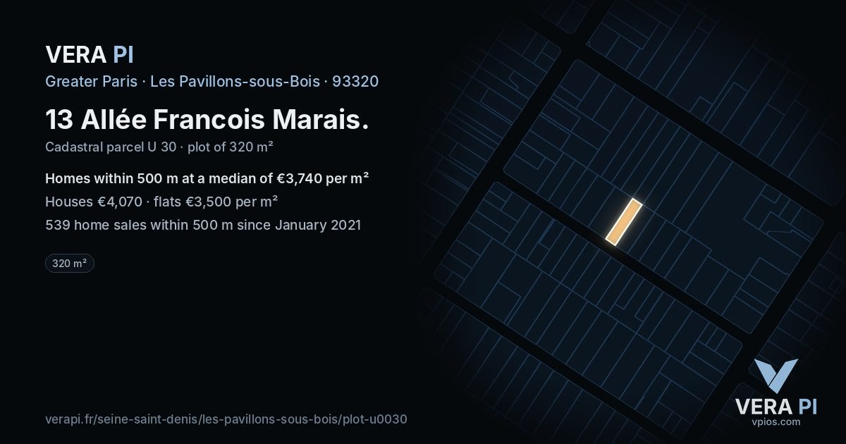 13 Allée Francois Marais, Les Pavillons-sous-Bois at night – the plot lit, the parcels around coloured by the prices near them