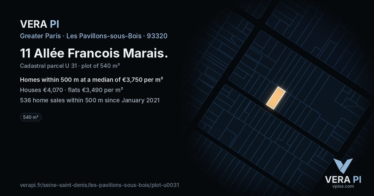 11 Allée Francois Marais, Les Pavillons-sous-Bois at night – the plot lit, the parcels around coloured by the prices near them